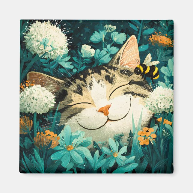 Aimant Jardin de fleurs de chat endormi à l'aquarelle abe (Devant)