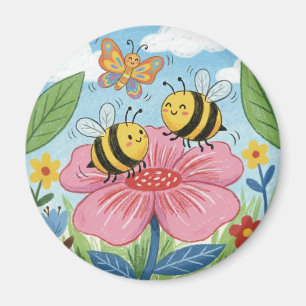 Aimant Jardin de fleurs fantaisiste de jolie abeille