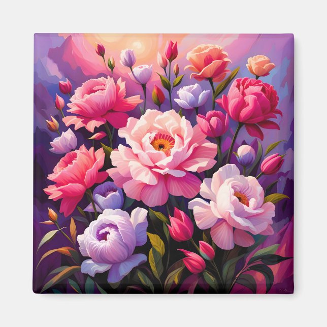 Aimant Jardin de printemps Zen lever de soleil Fleur rose (Devant)