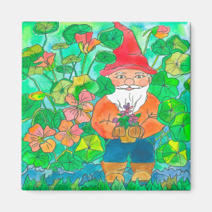 Aimant Jardin Gnome Aquarelle Fleurs