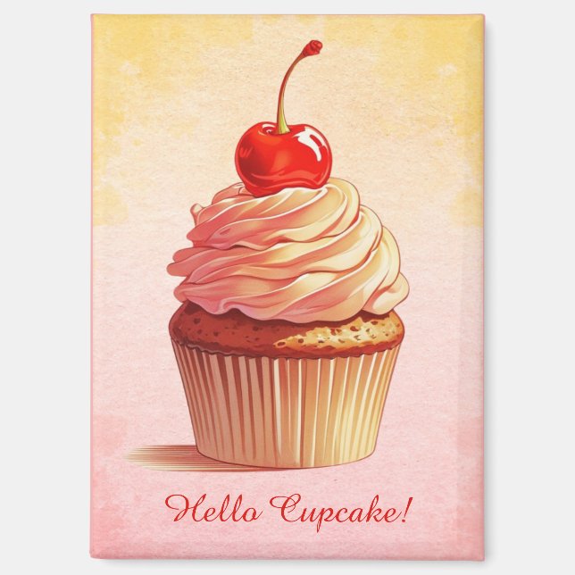 Aimant Jaune rose Vintage Style cerise Cupcake (Recto)