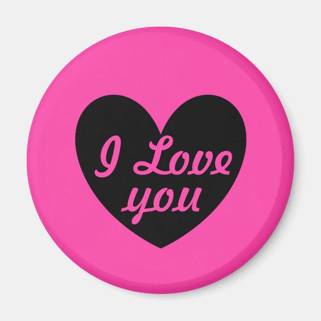 Aimant "Je t'aime" Coeur noir sur rose fuchsia (Devant)