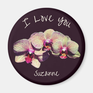Aimant Je t'aime Trio de fleurs d'orchidées personnalisé