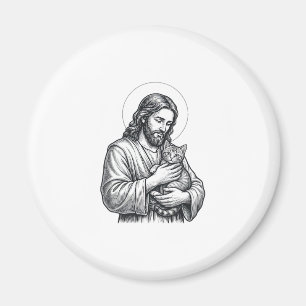 Aimant Jésus vintage tenant un chat gravure graphique_1