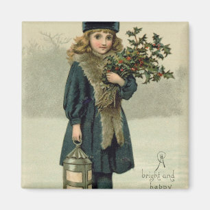 Aimant Jeune fille avec le houx et la lanterne