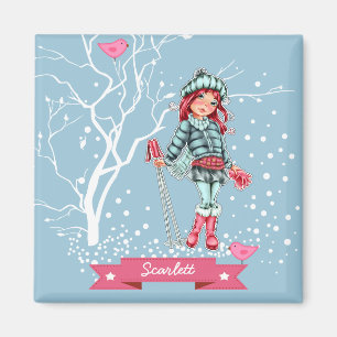 Aimant Jeune fille skieuse Nom personnalisé Cadeau de N