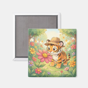 Aimant Jeune tigre mignon avec chapeau dans le jardin