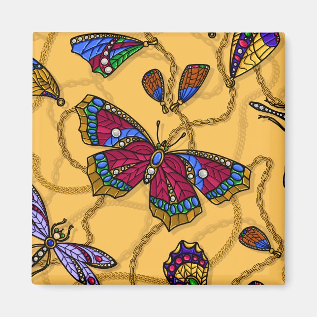 Aimant Jewellery butterflies et dragonflies on yellow (Devant)