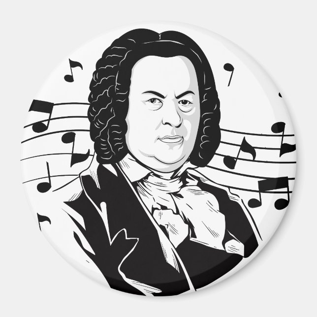 Aimant Johann Sebastian Bach Portrait et buste avec notes (Devant)