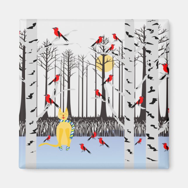 Aimant Joie d'hiver - Chat avec foulard Birch Trees Cardi (Devant)