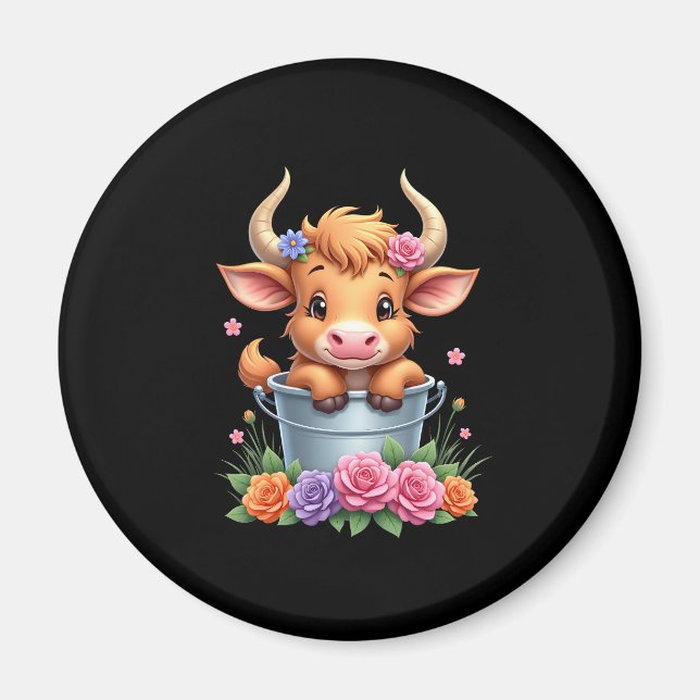 Aimant Joli bébé vache des Highlands avec fleurs Veau Ani (Devant)