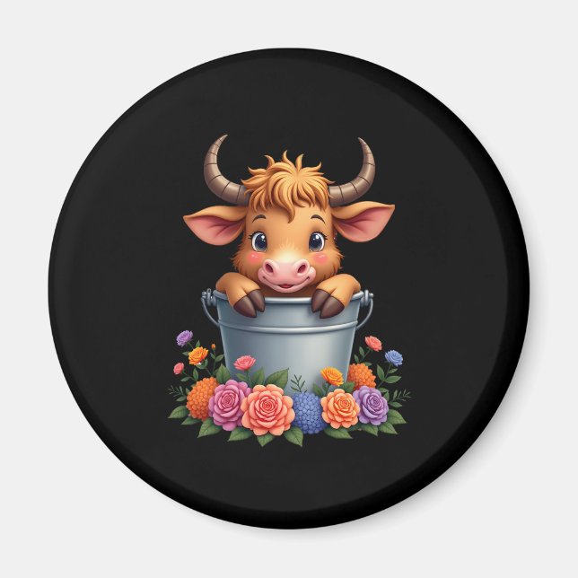 Aimant Joli bébé vache des Highlands avec fleurs Veau Ani (Devant)