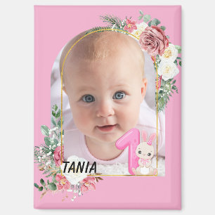 Aimant Joli cadre floral rose pour bébé fille Premier Noë