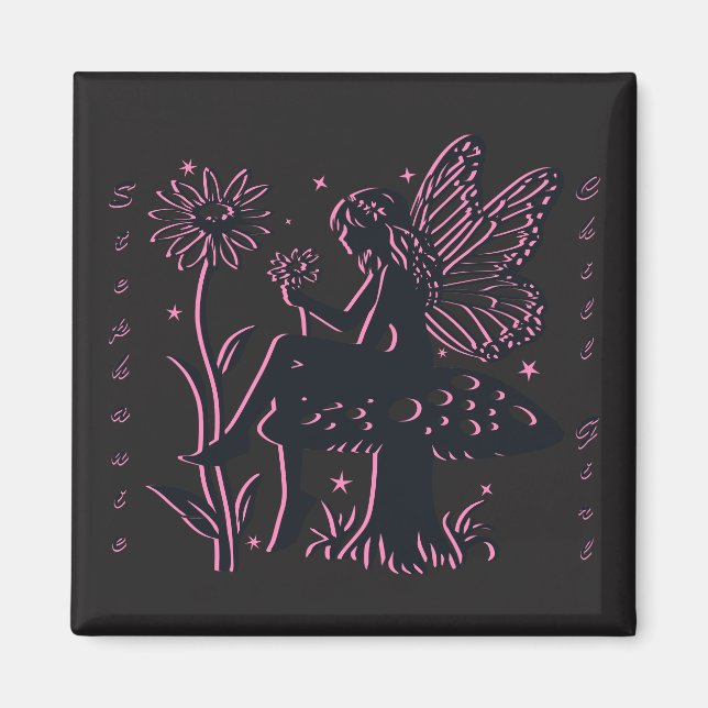 Aimant Joli champignon et fleur de fée noir et rose (Devant)