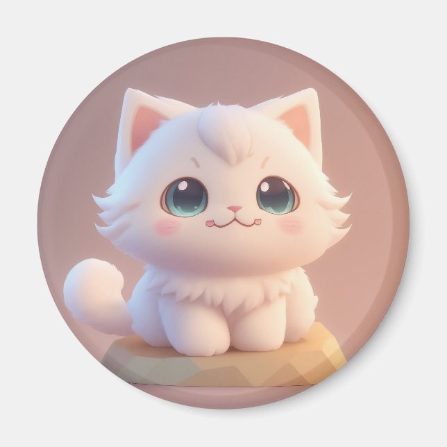 Aimant Joli Chat Blanc Fluffy aux Grands Yeux (Devant)