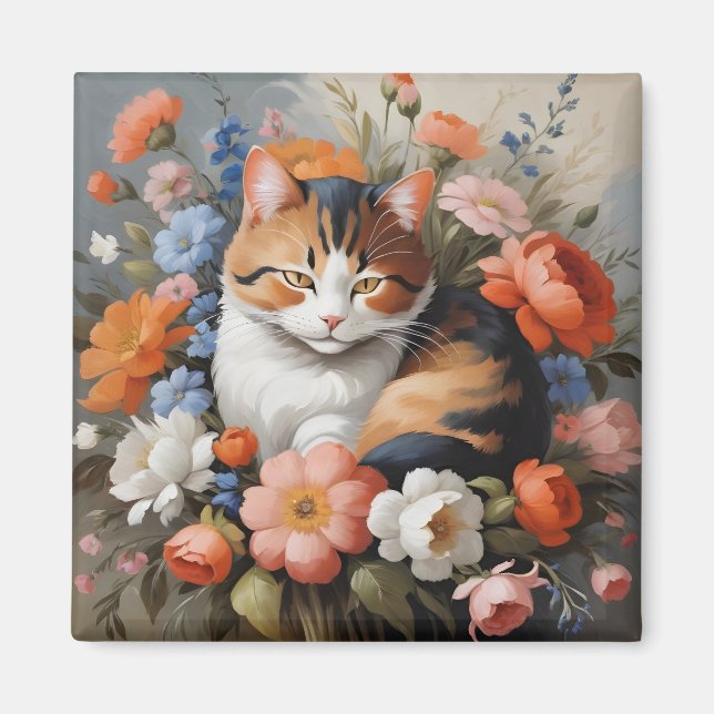 Aimant Joli chat calico et fleurs (Devant)