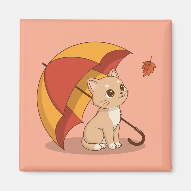 Aimant Joli Chat Chaton Rouge Jaune Parapluie Automne Ros (Devant)
