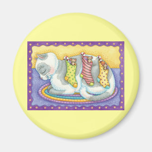 Aimant Joli chat de Noël dormant avec des souris dans des