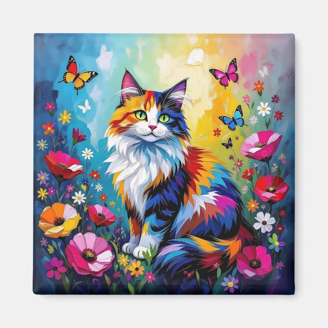 Aimant Joli Chat et Fleurs Impasto Colorés (Devant)