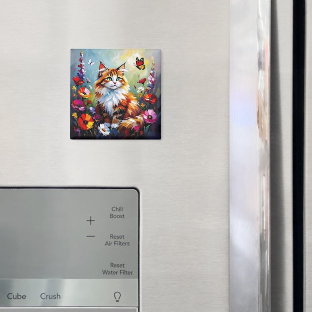 Aimant Joli chat fantaisiste, fleurs et papillons (In situ (réfrigérateur))