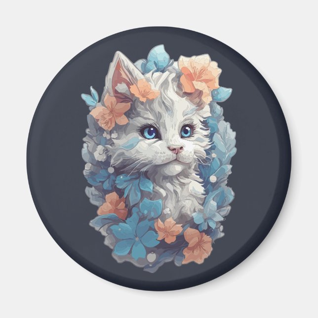Aimant Joli Chat Féminin Floral Blanc (Devant)