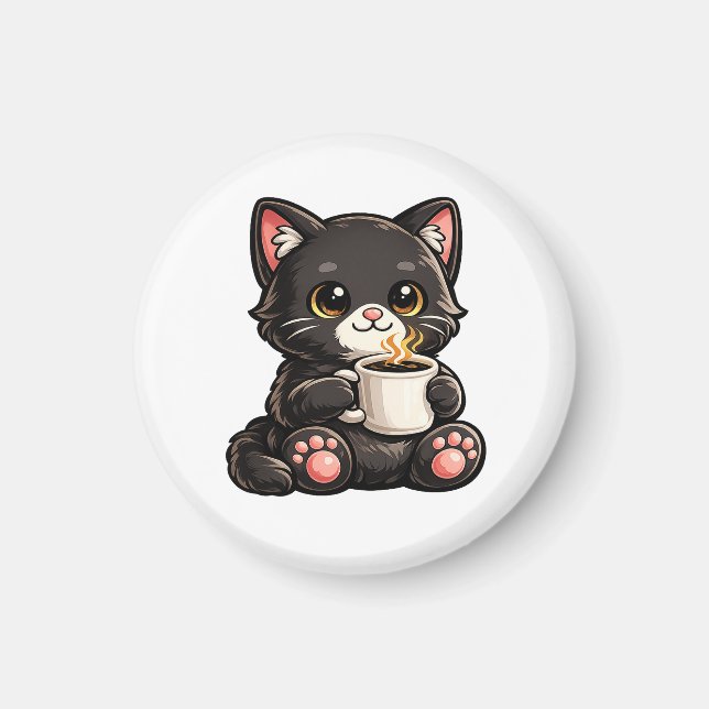 Aimant Joli Chat Noir avec Café (Devant)