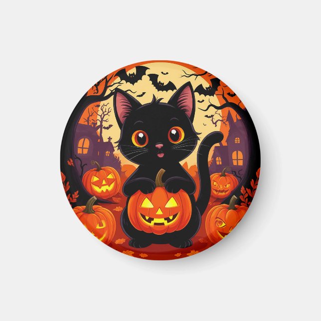 Aimant Joli chat noir avec des citrouilles d'Halloween (Devant)