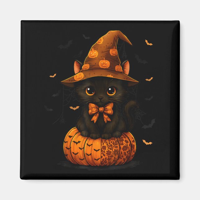 Aimant Joli Chat Noir Citrouille Saison Automne (Devant)