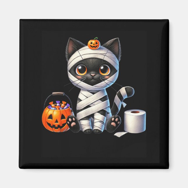 Aimant Joli chat noir Halloween citrouille friandise ou f (Devant)