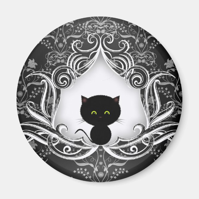 Aimant Joli Chat Noir sur Damas (Devant)