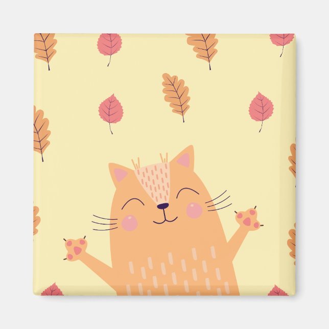Aimant Joli Chat Orange Gingembre Jouant dans les Feuille (Devant)