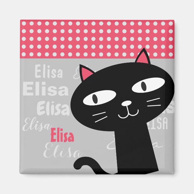 Aimant Joli chat points roses personnalisé nom  (Devant)