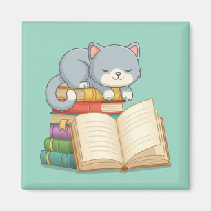 Aimant Joli chat sur un tas de livres verts