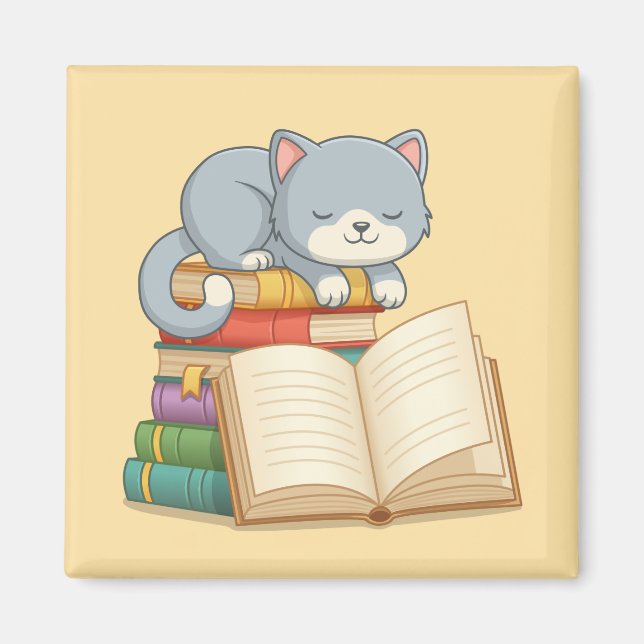 Aimant Joli chat sur une pile de livres jaune (Devant)
