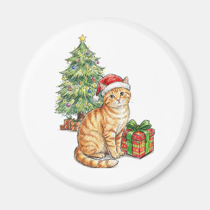 Aimant Joli Chat Tigre Orange avec Chapeau de Père Noël V
