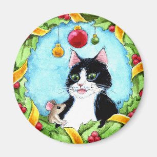 Aimant Joli chat tigré, souris, neige d'hiver de Noël