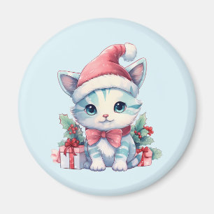 Aimant Joli chaton en chapeau de Père Noël pour Noël