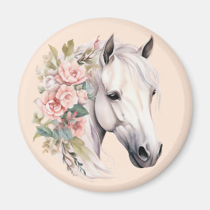 Aimant Joli Cheval Blanc Fleurs Roses Élégant Whimsical