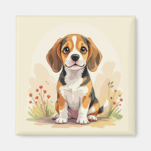 Aimant Joli chiot Beagle tricolore noir, fauve et blanc