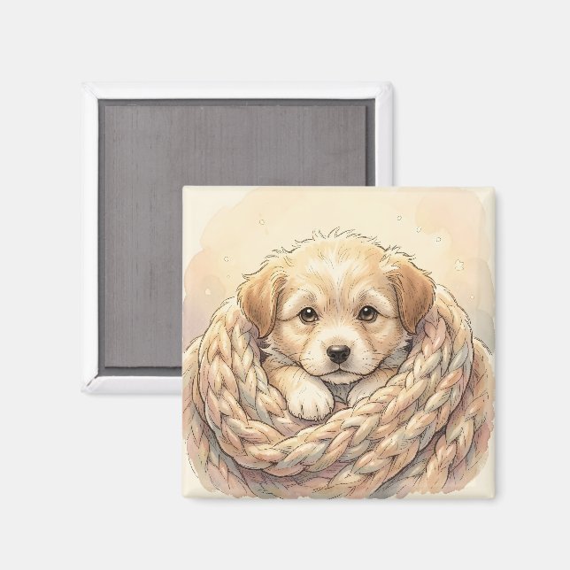 Aimant Joli chiot enveloppé dans une couverture tricotée (Recto/Verso)