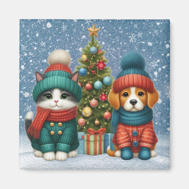 Aimant Joli chiot et petit chat de Noël (Devant)