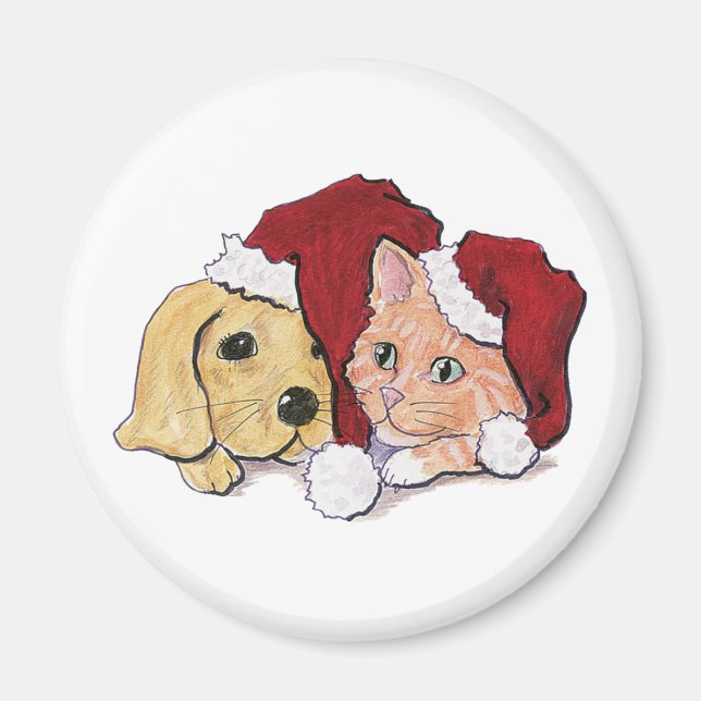Aimant Joli chiot Labrador de Noël et chat orange tigré (Devant)
