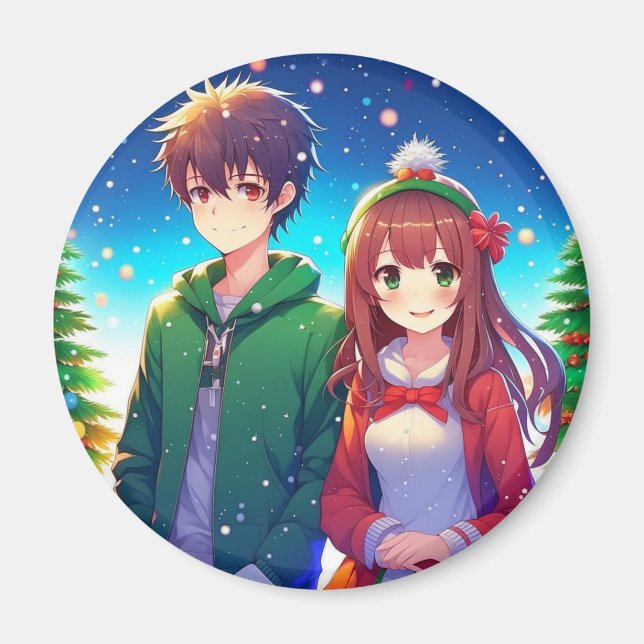 Aimant Joli Couple d'Anime à Noël (Devant)