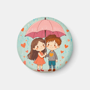 Aimant Joli Couple de Dessins Animés Souriant Sous un Par