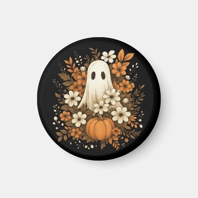 Aimant Joli Fantôme avec Citrouille et Fleurs d'Automne – (Devant)
