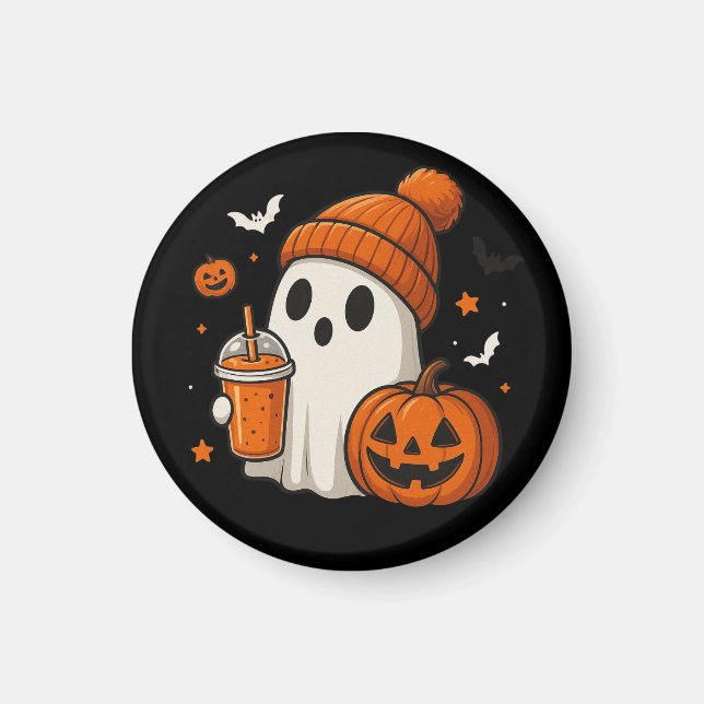 Aimant Joli fantôme d'Halloween avec citrouille et boisso (Devant)