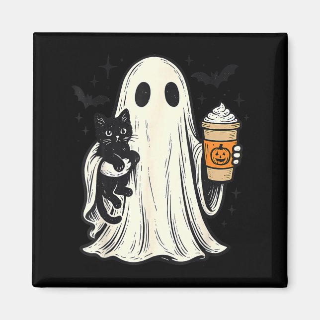Aimant Joli fantôme d'Halloween tenant un chat noir Café  (Devant)