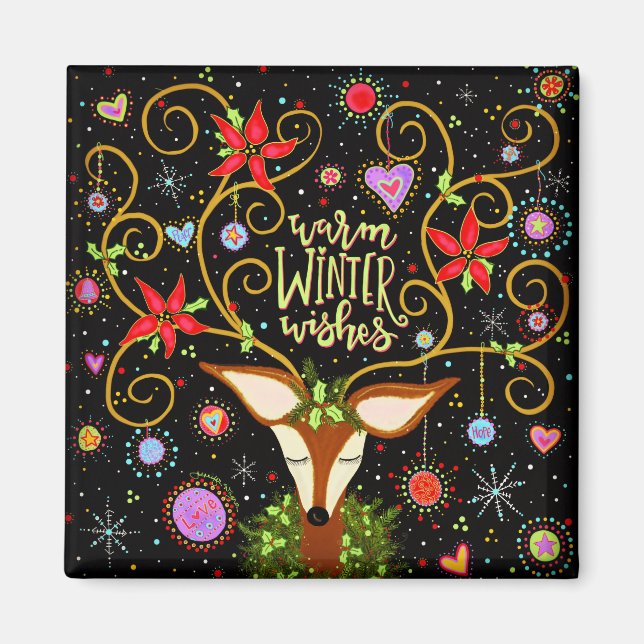 Aimant Joli Festif De Vacances Reindeer Chaleureux Voeux (Devant)