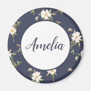 Aimant Joli floral personnalisé bleu marine et blanc