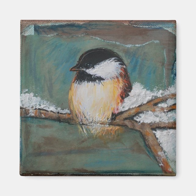 Aimant Joli Hiver Black Capped Chickadee Art (Devant)
